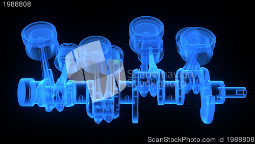 Image of V8 engine pistons on a crankshaft, blue x-ray version