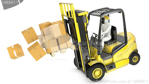 Image of Overloaded yellow fork lift truck falling forward