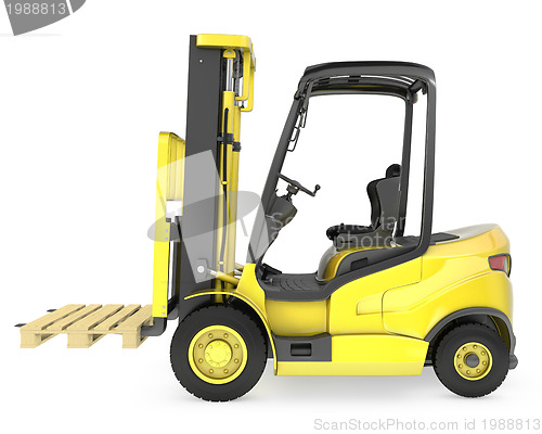 Image of Yellow fork lift truck, with a pallet