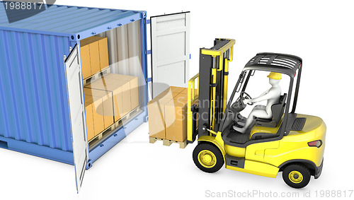 Image of Yellow fork lift truck unloads cargo container