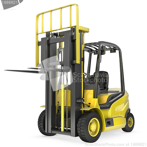 Image of Yellow fork lift truck with raised fork, front view