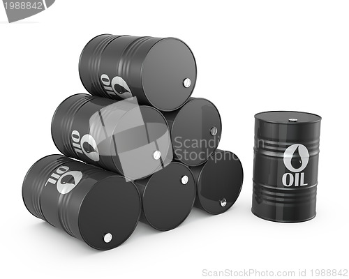 Image of Pyramid of oil barrels and single barrel