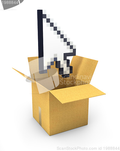 Image of Pixel arrow cursor flies out of a carton box