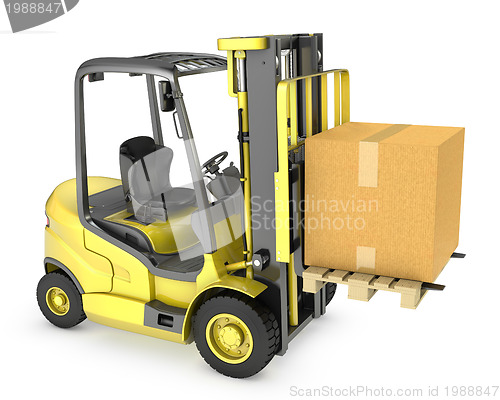 Image of Yellow fork lift truck with large carton box