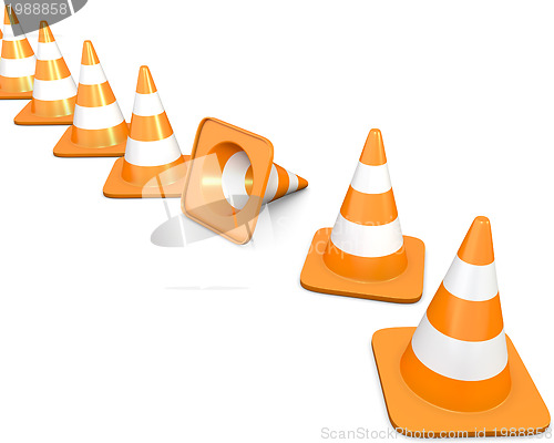 Image of Diagonal line of traffic cones with one fallen cone