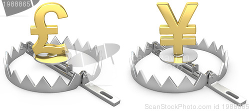 Image of Pound and yen symbols in a bear trap