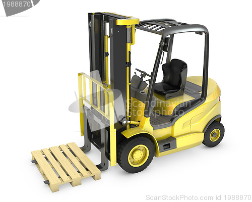 Image of Yellow fork lift truck, with a pallet