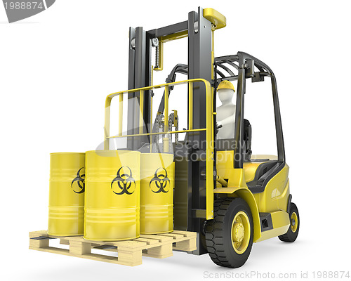 Image of Fork lift truck with biohazard barrels