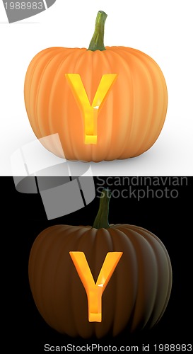 Image of Y letter carved on pumpkin jack lantern