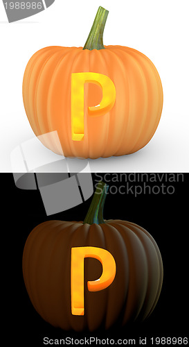 Image of P letter carved on pumpkin jack lantern