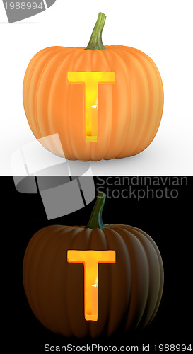 Image of T letter carved on pumpkin jack lantern