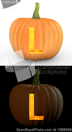 Image of L letter carved on pumpkin jack lantern