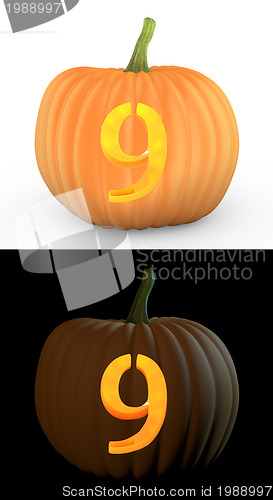 Image of Number 9 carved on pumpkin jack lantern