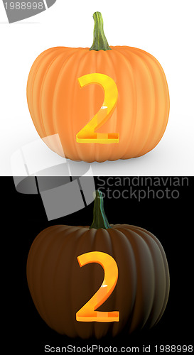 Image of Number 2 carved on pumpkin jack lantern