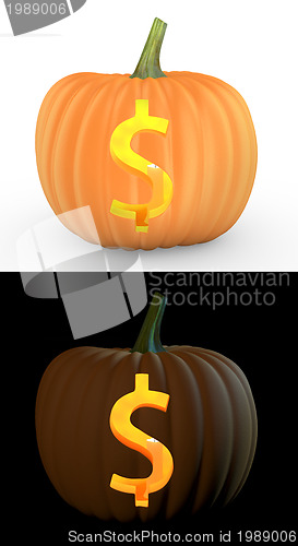 Image of Dollar symbol carved on pumpkin jack lantern