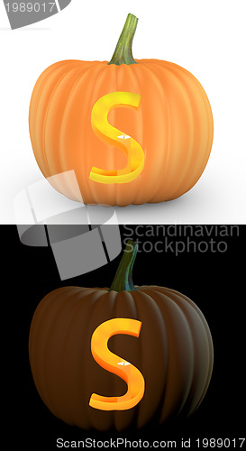 Image of S letter carved on pumpkin jack lantern