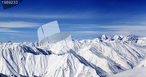 Image of Panorama of snow mountains and blue sky