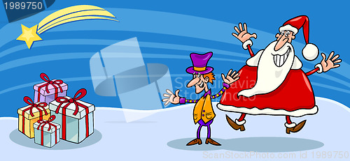 Image of Santa and cristmas elf cartoon card