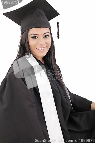 Image of Female graduate wearing a gown and mortarboard - isolated over w