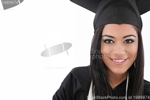 Image of Educational theme: graduating student girl in an academic gown. 
