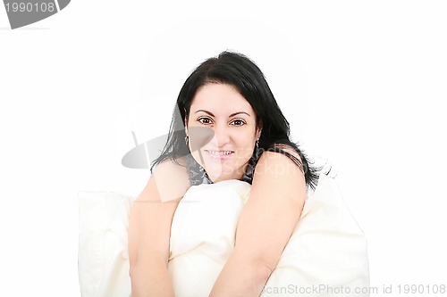 Image of Portrait of a happy young woman smiling against white background