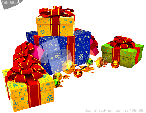 Image of Christmas tree toys and set of gifts with red bows