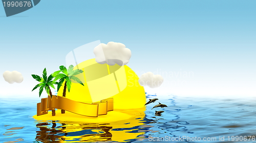 Image of tropical island with palm and golden ribbon