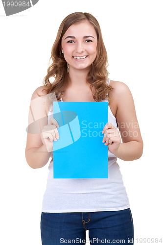 Image of  portrait of a Beautiful girl points on the billboard