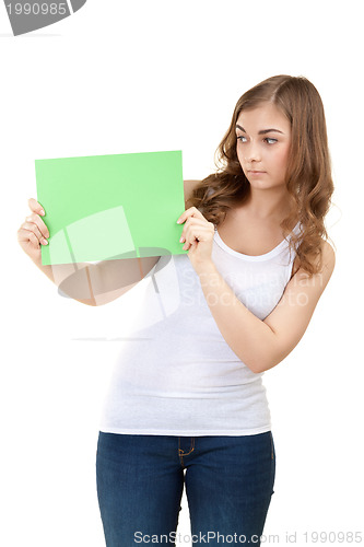 Image of picture of happy teenage girl with blank green board