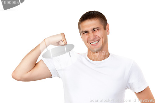 Image of Lean muscle man shows his hand