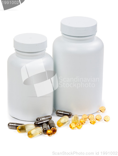 Image of preparation in pill and capsule isolated on white background