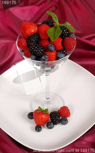 Image of Fresh berries topped with mint in and around a martini glass