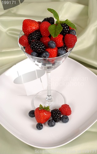 Image of Fresh berries topped with mint in and around a martini glass res