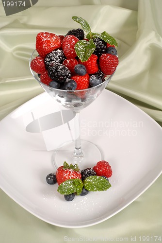 Image of Fresh berries topped with mint and powdered sugar in and around