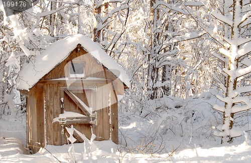 Image of Snow bound wooden shack in a wooded setting