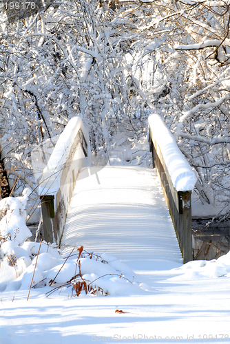 Image of Head on view of a bridge over a stream following a heavy snow in