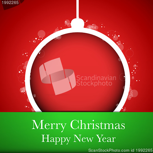 Image of Merry Christmas Happy New Year Ball on Red Background