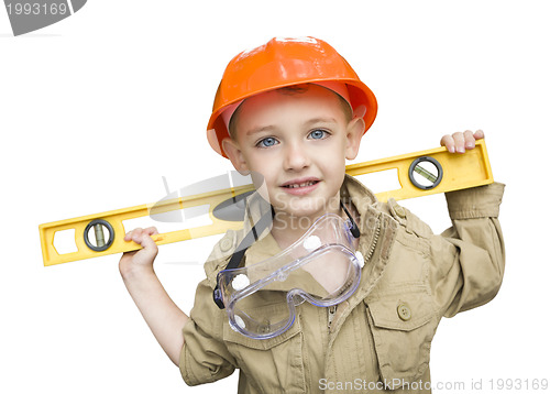 Image of Child Boy with Level Playing Handyman Outside Isolated