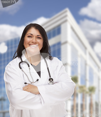 Image of Attractive Hispanic Doctor or Nurse in Front of Building