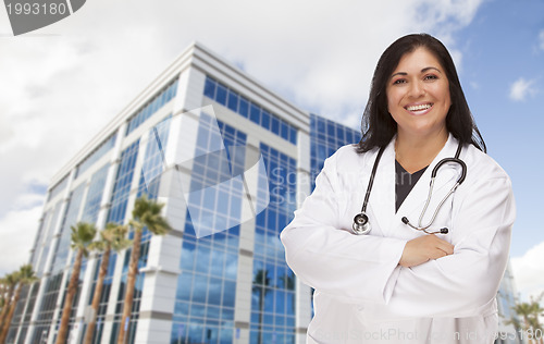 Image of Attractive Hispanic Doctor or Nurse in Front of Building