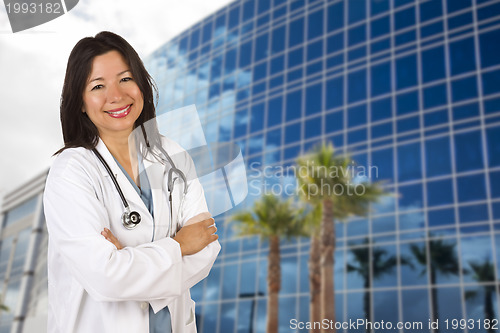 Image of Attractive Hispanic Doctor or Nurse in Front of Building