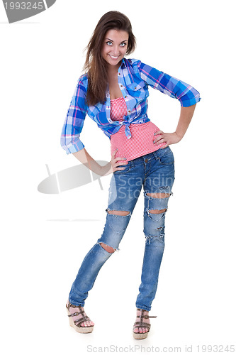 Image of Glamorous young woman in shirt and jeans isolate on white backgr