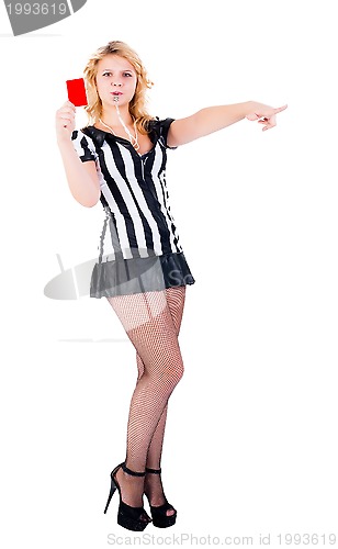 Image of Attractive referee showing red card