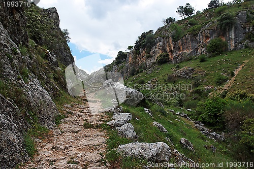 Image of Trail in gorge Mirador de Bailon near Zuheros  in Spain on cloudy day