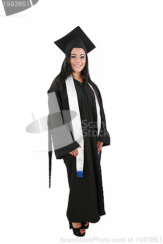 Image of Female graduate smiling isolated over a white background