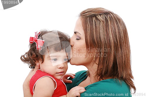 Image of Happy mother kissing her daughter, isolated on white background 