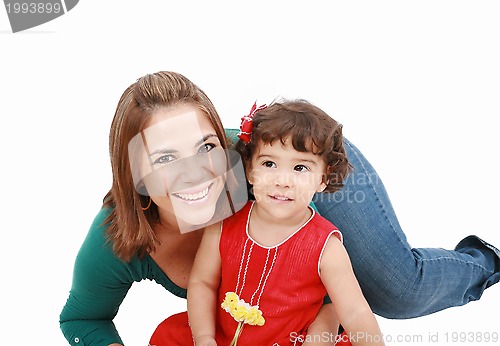 Image of mom hugging with a small, beautiful child isolated on white back