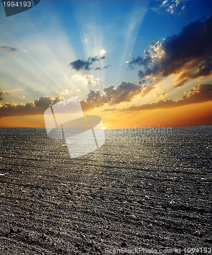 Image of black ploughed field and sunset