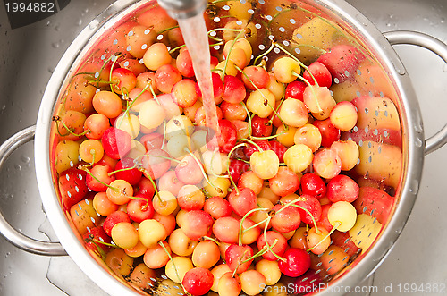 Image of watering fresh cherry in colander