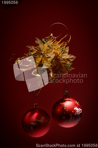 Image of red christmas balls on dark background